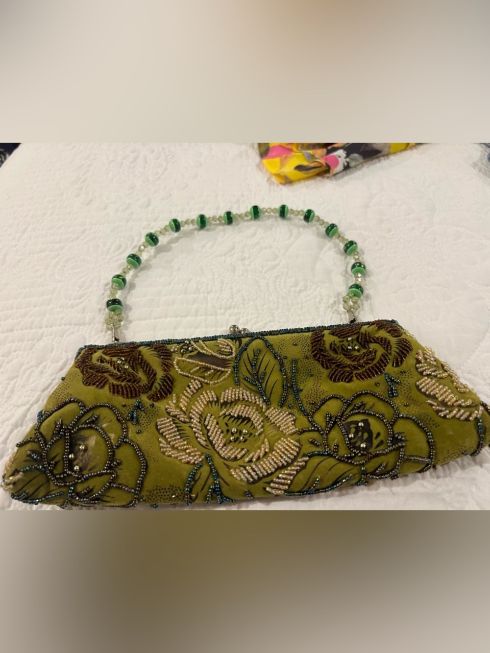 Olive La Viola Vintage Green Beaded Floral Evening Clutch with Decorative Handle